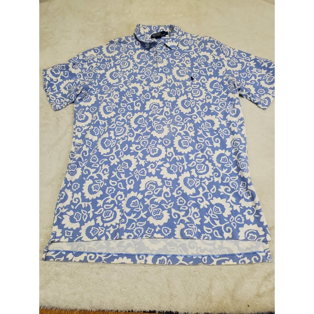 Polo Ralph Lauren Blue White‎ Hawaiian Floral Print Short Sleeve Polo Men Large